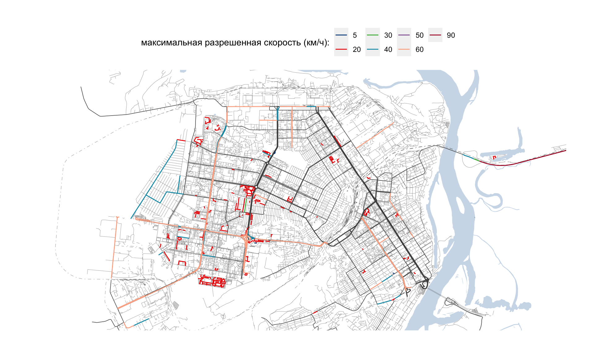 *Максимальная разрешенная скорость на дорогах г. Барнаула по версии OpenStreetMap*