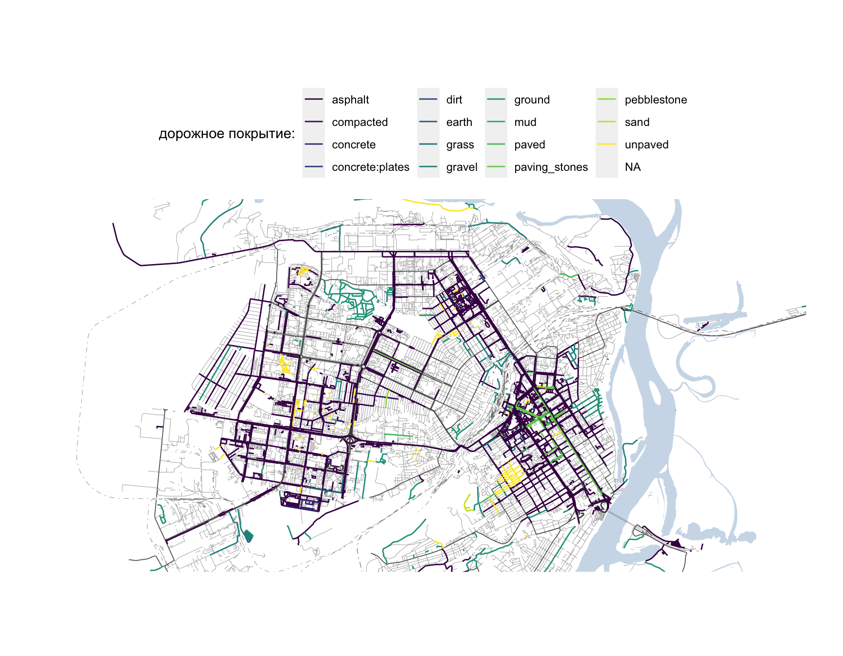 *Дорожное покрытие дорог г. Барнаула по версии OpenStreetMap*