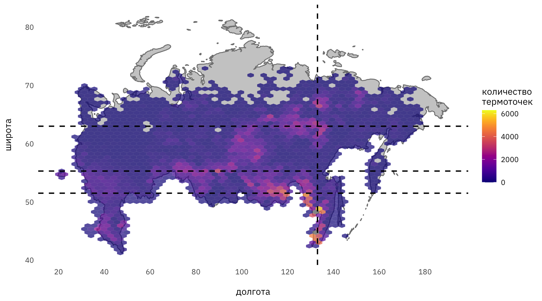 *Выделены широта и долгота, на которых наблюдалось наибольшее количество термоточек*