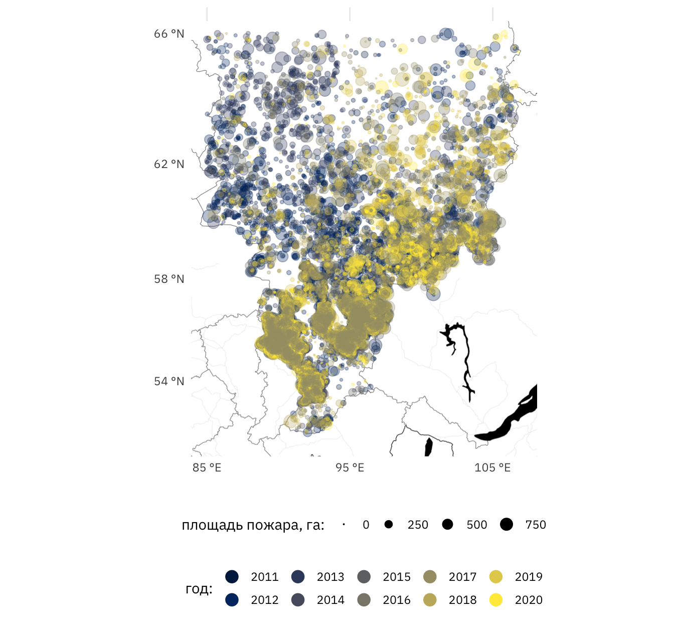 *Пожары площадью менее 1 000 га в Красноярском крае в 2011-2020 годах. Размер точки пропорционален площади пожара, цвет соответствует году (темнее -- старше)*